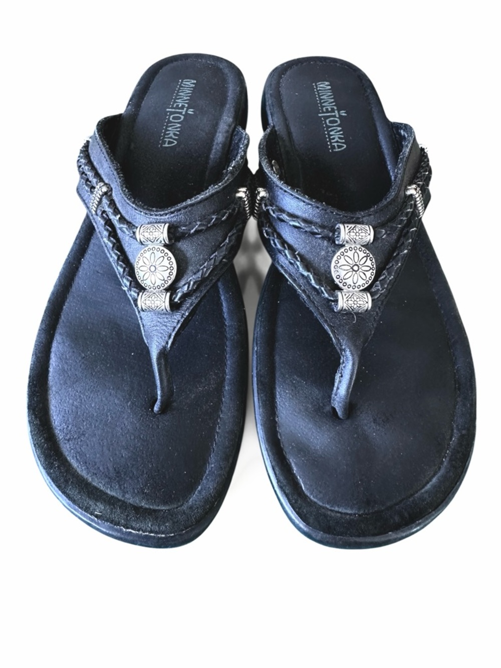 Minnetonka Black Braided Concho Thong Sandals